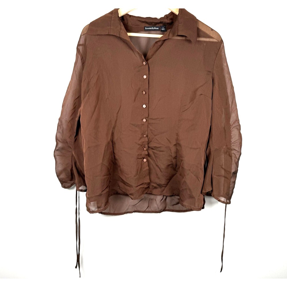 Vtg ESSENTIALS MILANO Semi Sheer‎ Button Up Blouse Shirred Sleeve Brown XL Lagen